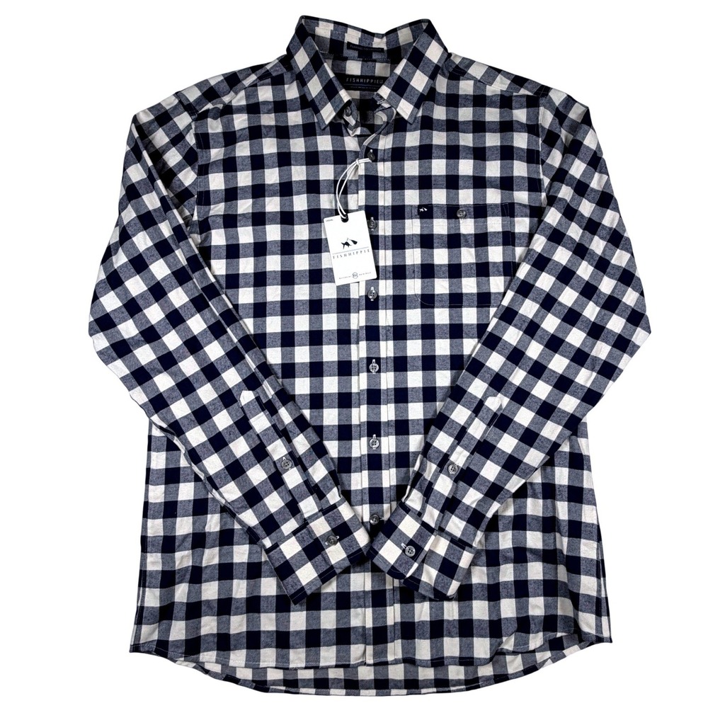 Fish Hippie Co Mens‎ Broadmarsh Flannel Shirt Gale Navy Buffalo Check Medium NWT